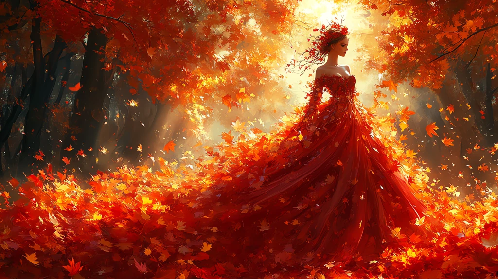 queen standing in a forest golden maple leaves desktop wallpaper 4k