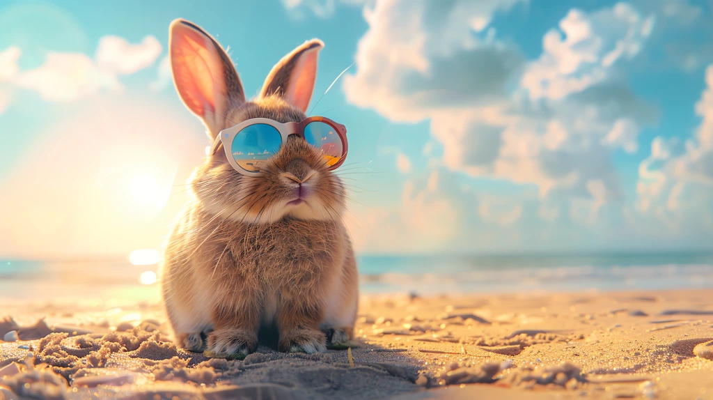 rabbit wearing sunglasses by the beach cartoon style desktop wallpaper 4k