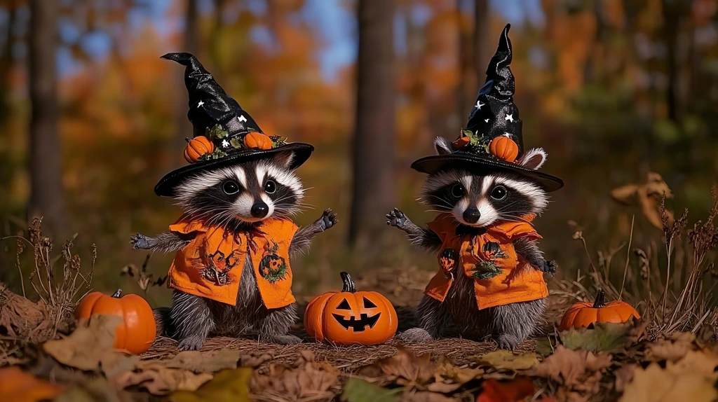 raccoons dressed in halloween costumes going trick desktop wallpaper 4k