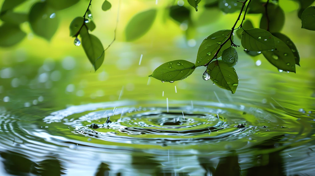 raindrops creating ripples in the water with green leaves visible desktop wallpaper 4k