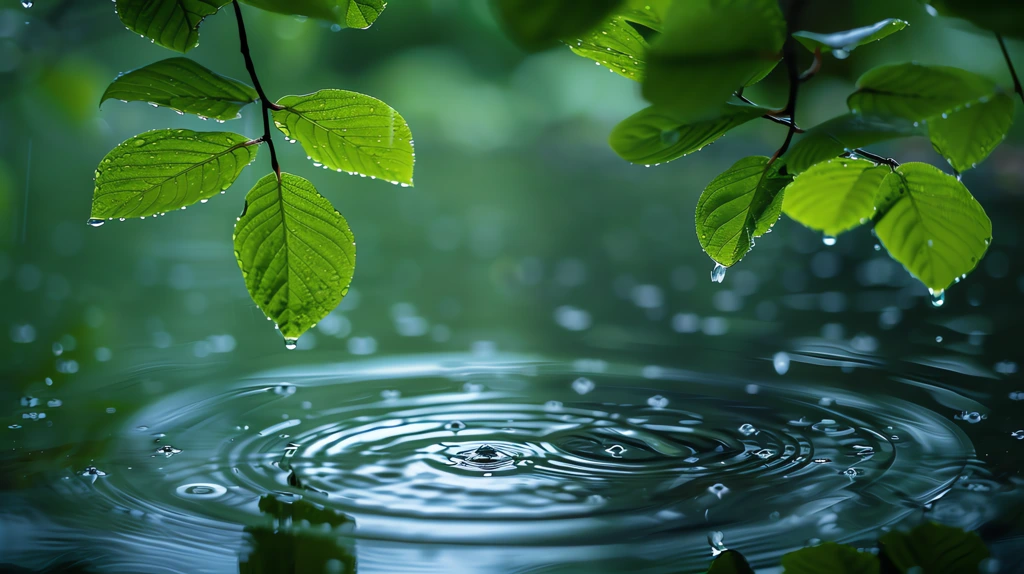 raindrops creating ripples in the water with green leaves visible on the surface desktop wallpaper 4k