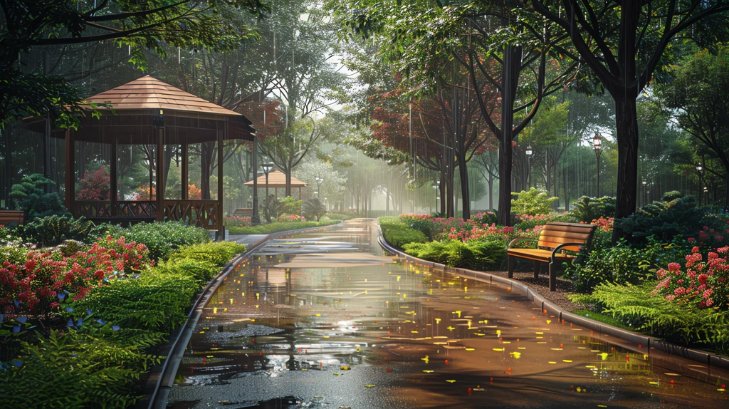 raining a park pathway desktop wallpaper 4k