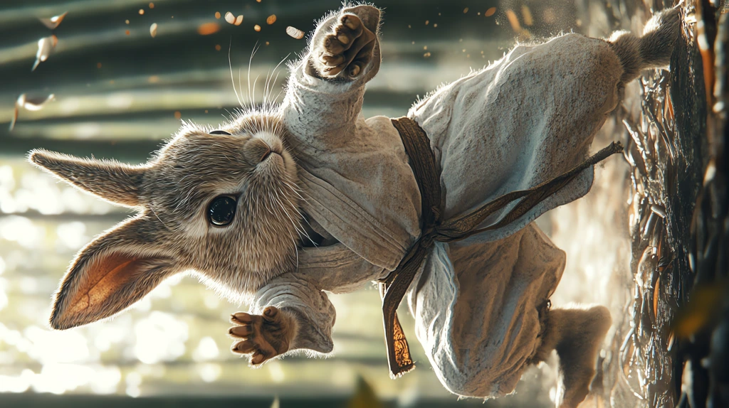 realistic image of a rabbit performing mid-air kung fu moves phone wallpaper 4k