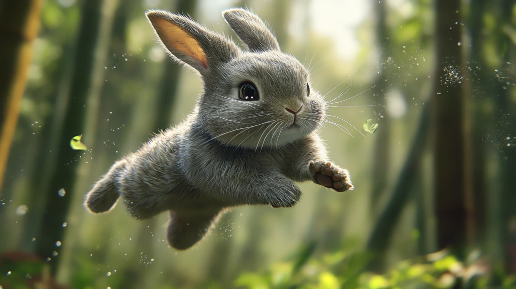 realistic image of a rabbit performing mid-air kung fu moves the rabbit is captured soaring desktop wallpaper 4k