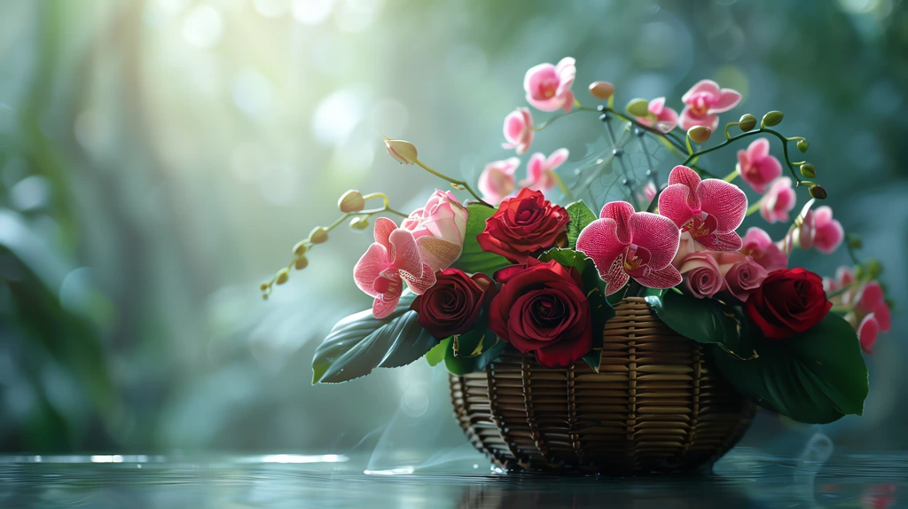 realistic image of fresh red roses and orchids flowers desktop wallpaper 4k