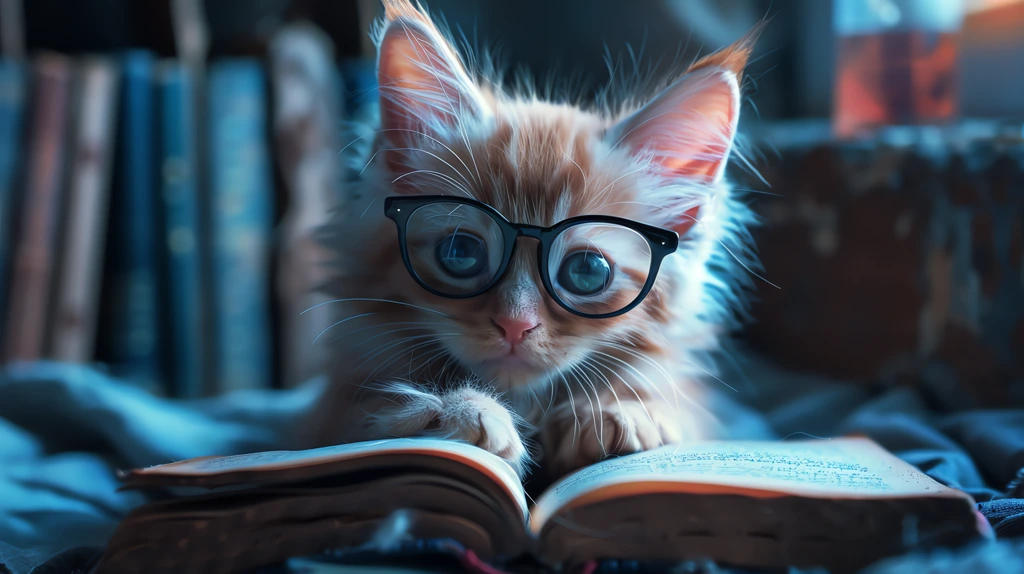 realistic studio portrait of a pink haired kitten reading a book desktop wallpaper 4k