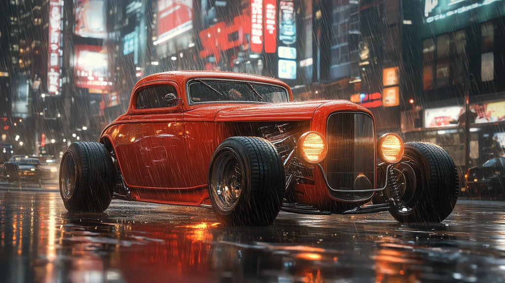 red cool hot rod in the rain street city desktop wallpaper 4k