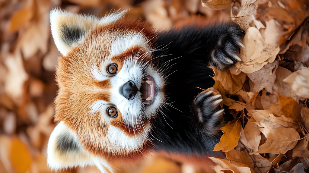 red panda smiling in the autumn leaves phone wallpaper 4k