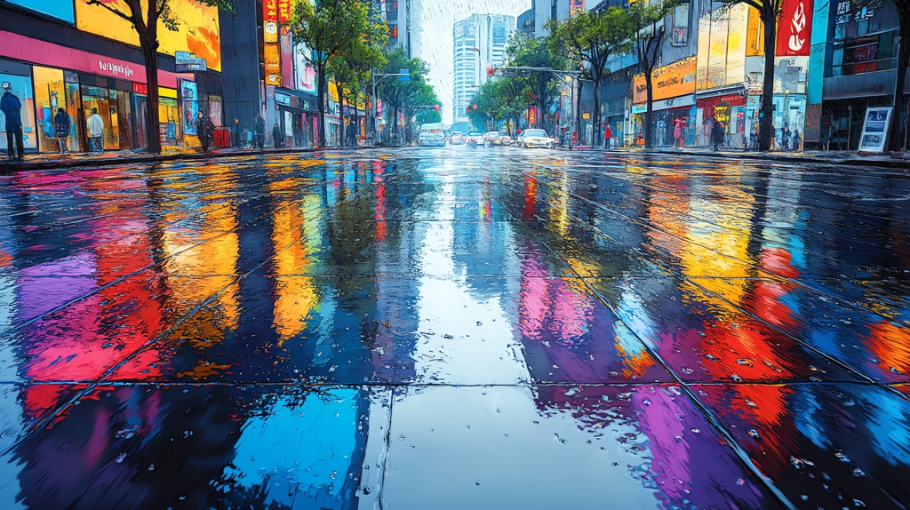 refreshed city street after a rainstorm the pavement wet and reflective the sidewalks are empty desktop wallpaper 4k