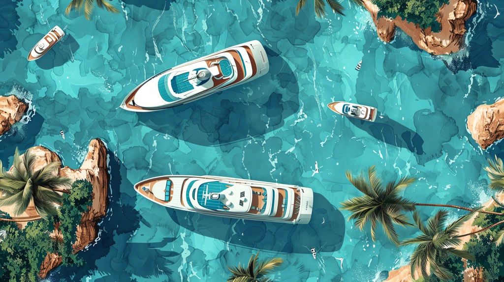 repeating pattern of luxury cruise ships and tropical islands on a sea blue phone wallpaper 4k