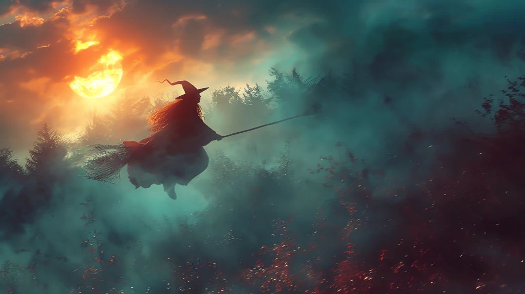 riding a witch broom scene desktop wallpaper 4k