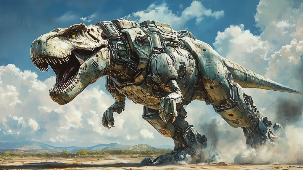 roaring t-rex wearing power armor exoskeleton by masamune shirow desktop wallpaper 4k