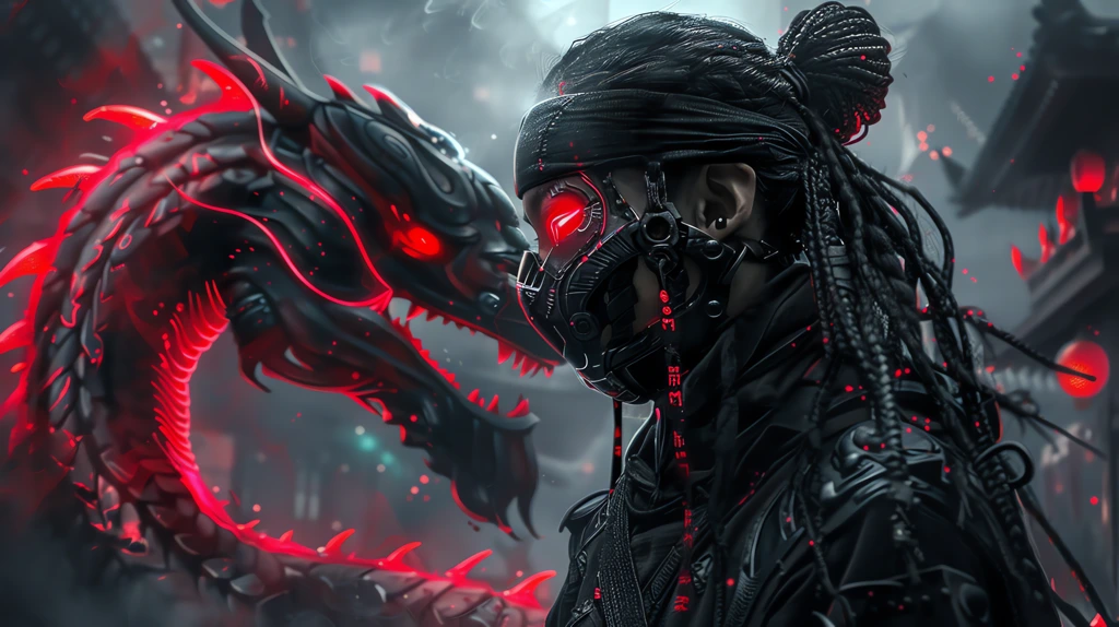 roboter ninja red glowing in black metal siud dragon desktop wallpaper 4k