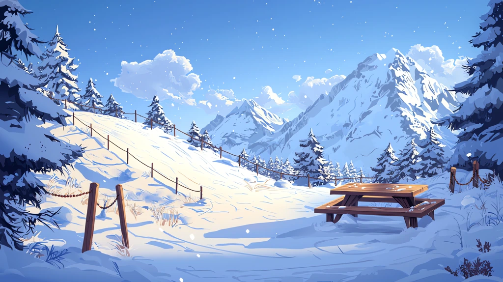 rope fence at the top of the slope is a wooden picnic table at the foot of the slope are a few ski floats desktop wallpaper 4k