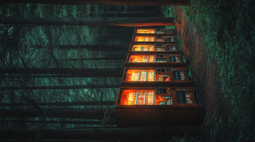 row of vending machines glowing faintly in a forest version four phone wallpaper 4k