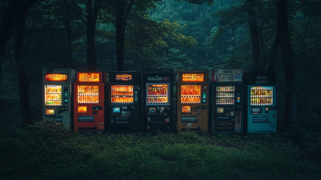 row of vending machines glowing faintly in a forest version one desktop wallpaper 4k