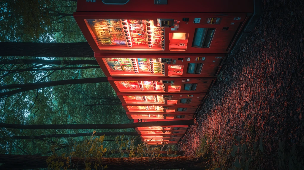 row of vending machines glowing faintly in a forest version three phone wallpaper 4k