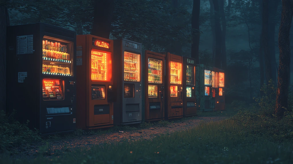 row of vending machines glowing faintly in a forest version two desktop wallpaper 4k