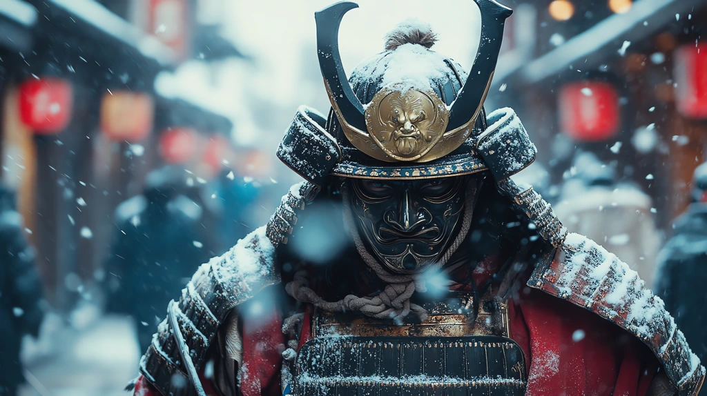 samurai approaching wearing oni mask and scale armor with his sword desktop wallpaper 4k