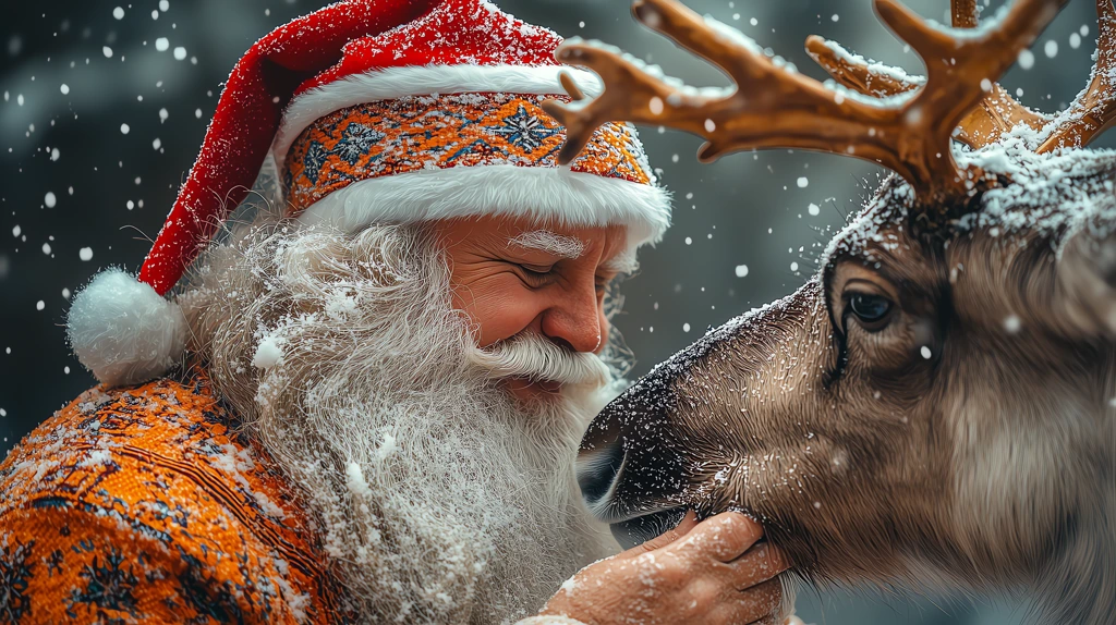 santa brushing snow off the reindeer’s fur desktop wallpaper 4k