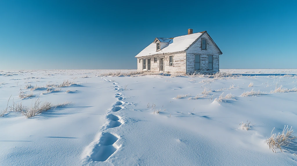 shoe traces leading to an abandoned house in the snow desert desktop wallpaper 4k