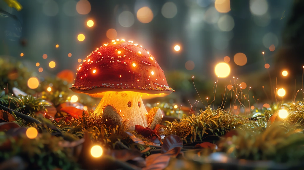 shot of chibi mushroom with glow all quills nature epic warm night light desktop wallpaper 4k