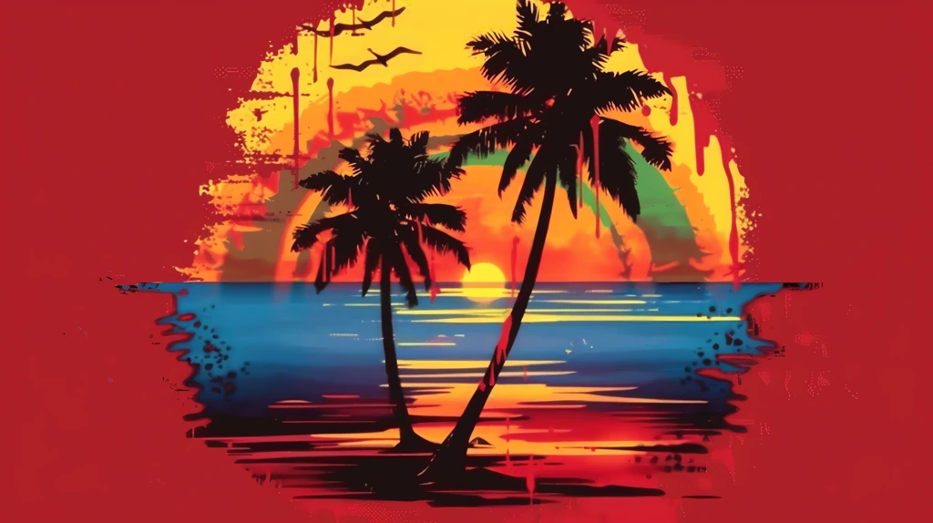 silhouette of two palm trees with rainbow sunset on a red desktop wallpaper 4k