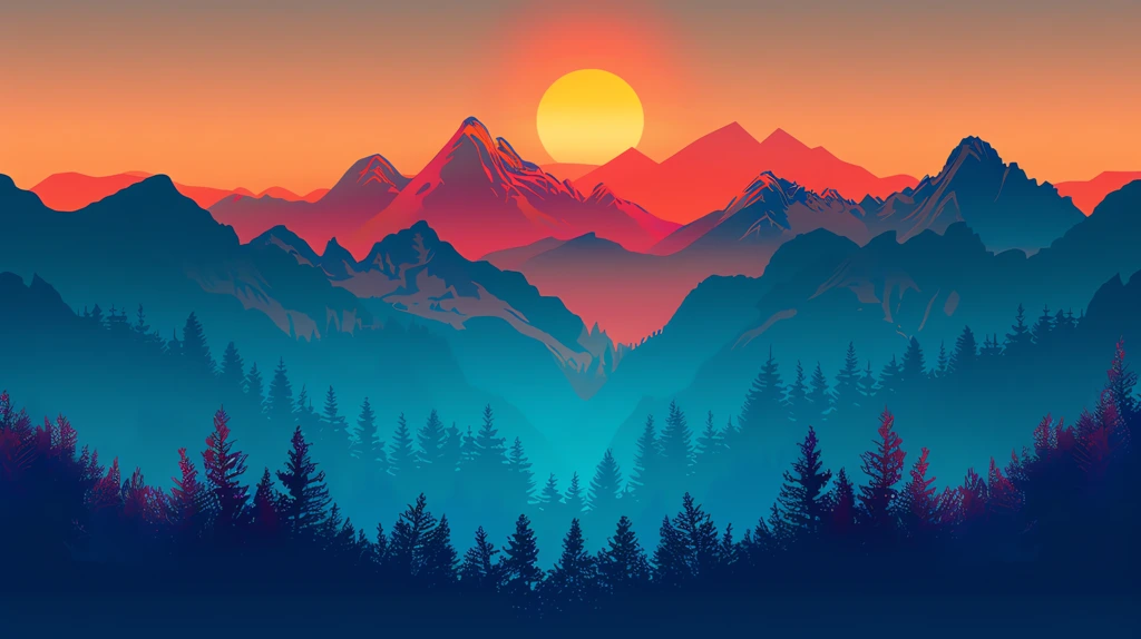 simple graphic of sunrise in the rocky mountains desktop wallpaper 4k