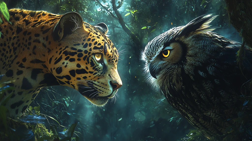 sleek jaguar on the left a powerful eagle owl on the right desktop wallpaper 4k