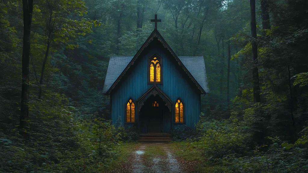 small dilapidated mysterious dark blue chapel in the middle desktop wallpaper 4k