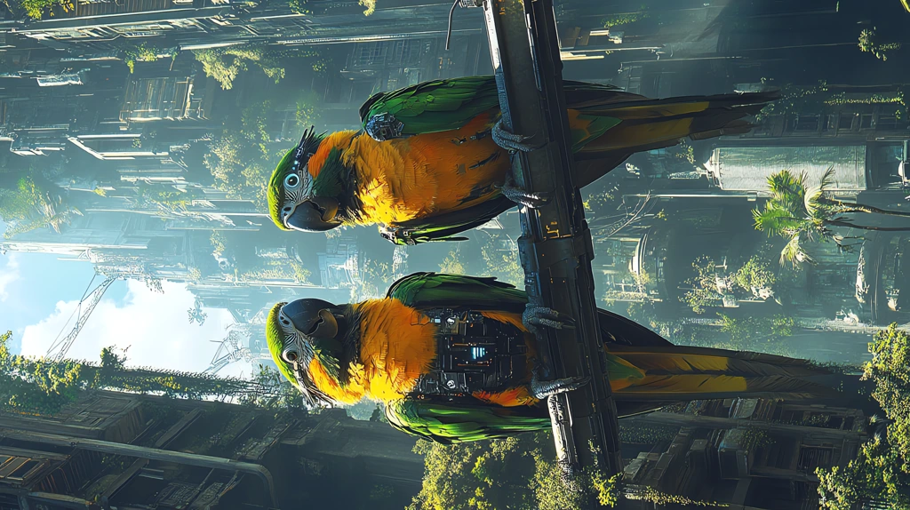 small parrots with cybernetic phone wallpaper 4k