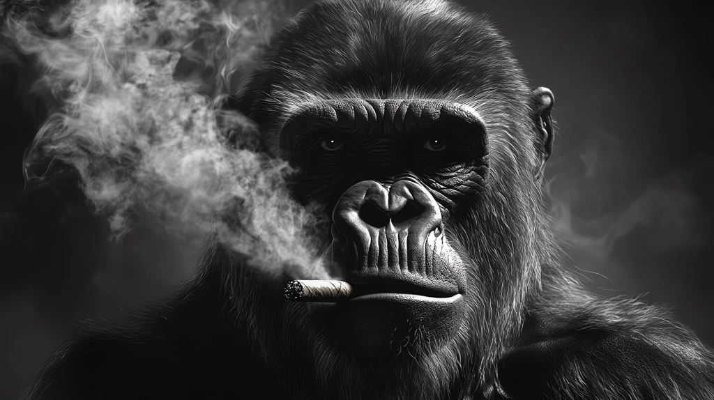 smoking gorilla with cigar front view realistic black and white desktop wallpaper 4k