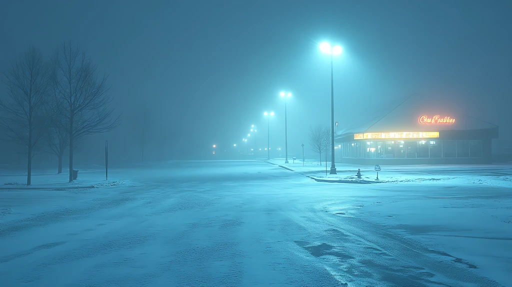 snow-covered parking lot outside a closed store with distant lights desktop wallpaper 4k