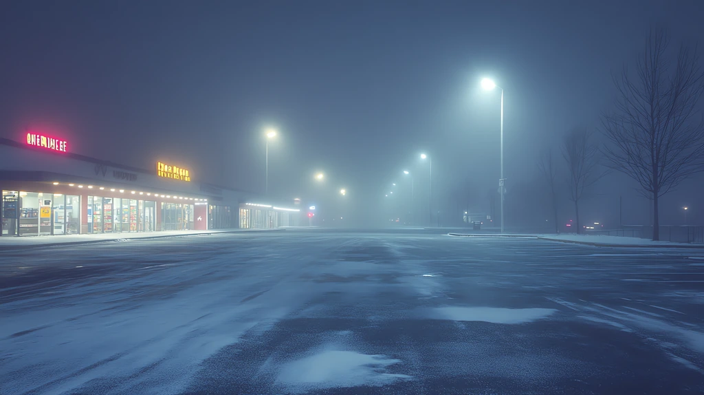 snow-covered parking lot outside a closed store with distant lights glowing in the fog desktop wallpaper 4k