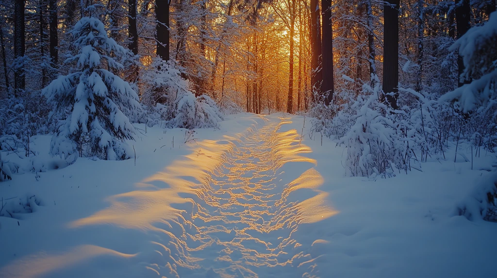 snow-covered trail leading into the woods the path lost in the distance desktop wallpaper 4k