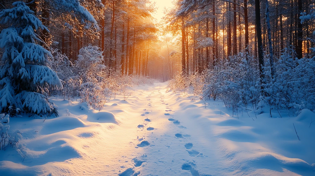 snow-covered trail leading into the woods the path lost in the distance footprints vivid strange diffused lighting desktop wallpaper 4k