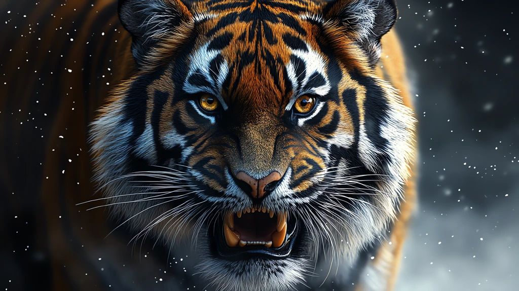 snow digital art portrait of a tiger with natural bright eyes and its mouth slightly open showing its sharp teeth desktop wallpaper 4k