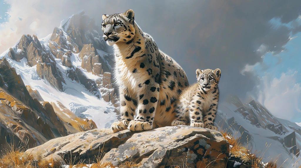 snow leopard sits with a small cub snow leopard majestically on a stone desktop wallpaper 4k