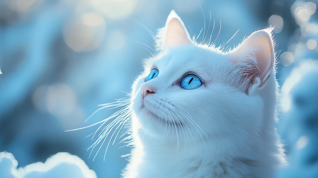 snow photo of a beautiful white cat with blue color desktop wallpaper 4k