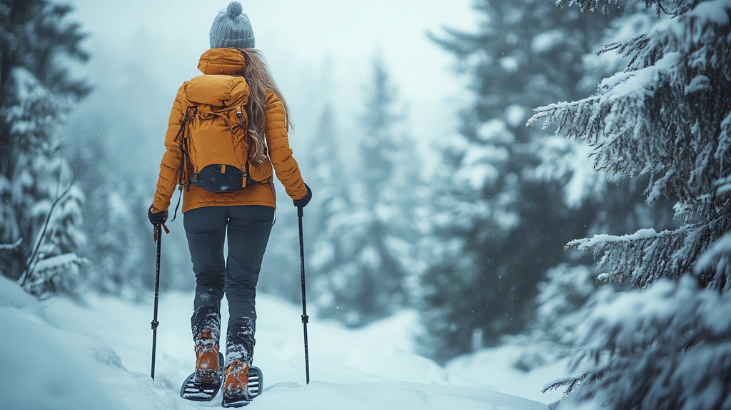 snowshoeing woman with trekking poles version four desktop wallpaper 4k