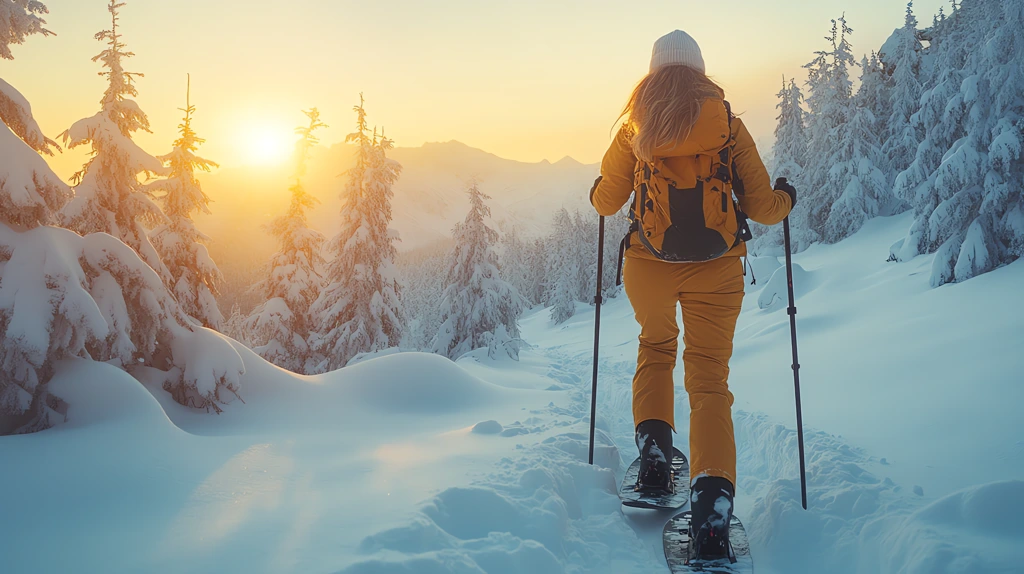 snowshoeing woman with trekking poles version three desktop wallpaper 4k