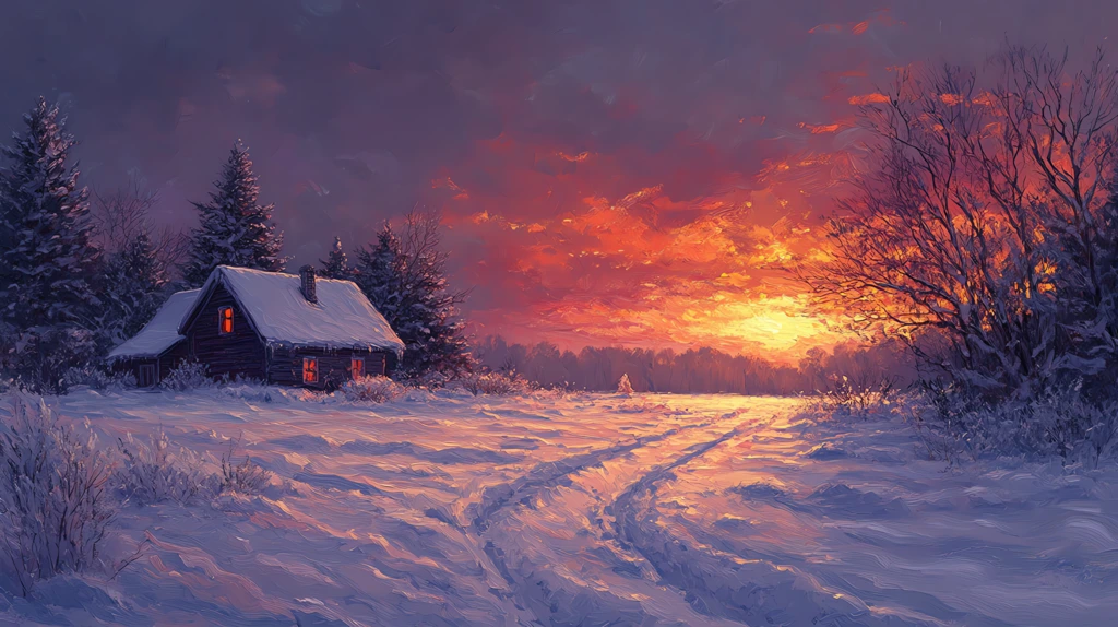 snowy landscape with a house version four desktop wallpaper 4k