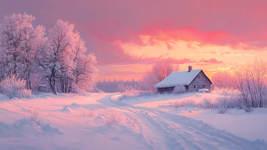 snowy landscape with a house version three desktop wallpaper 4k