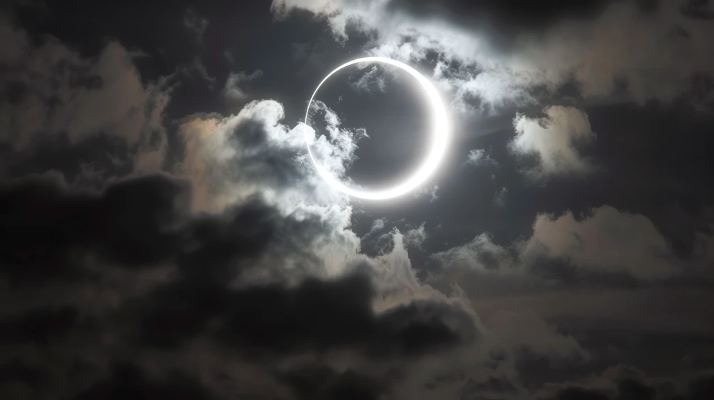 solar eclipse with clouds and a thin white ring in front desktop wallpaper 4k