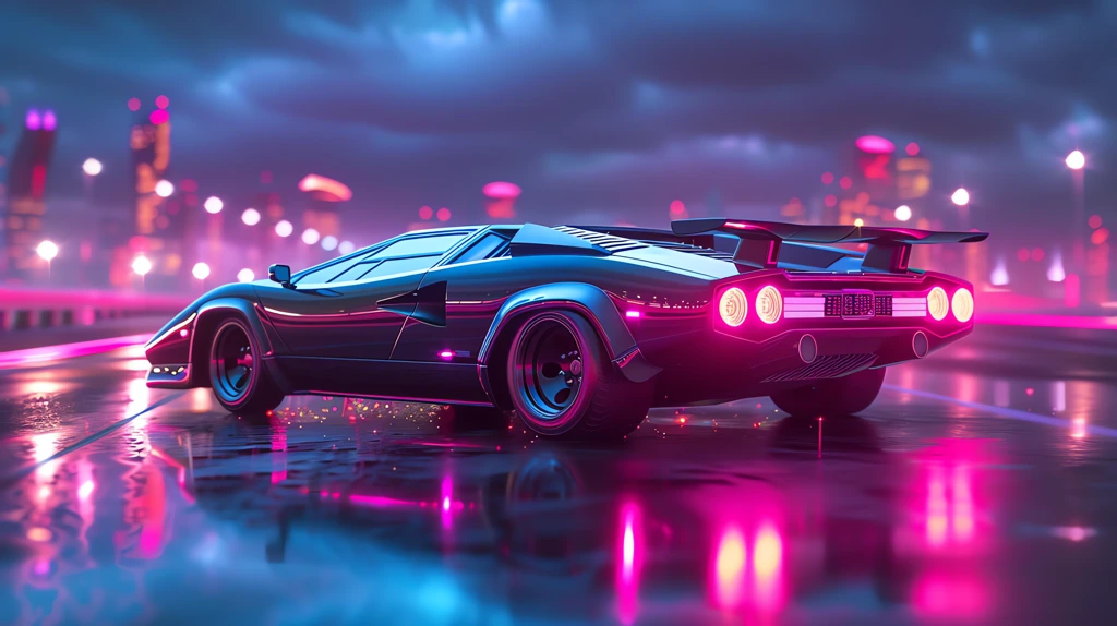 sports car from the 80s with glowing neon lights desktop wallpaper 4k