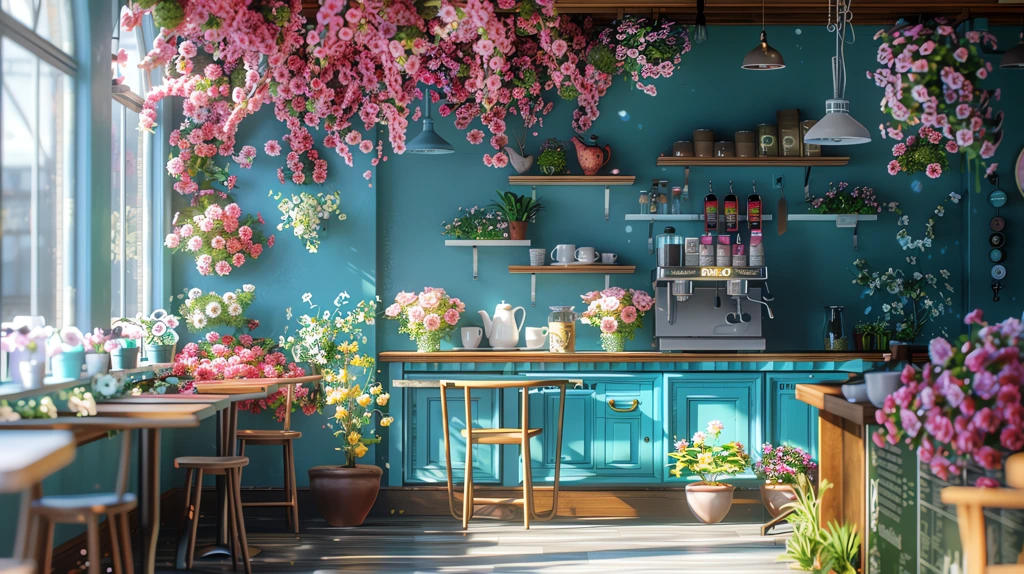 spring coffee shop with flowers desktop wallpaper 4k