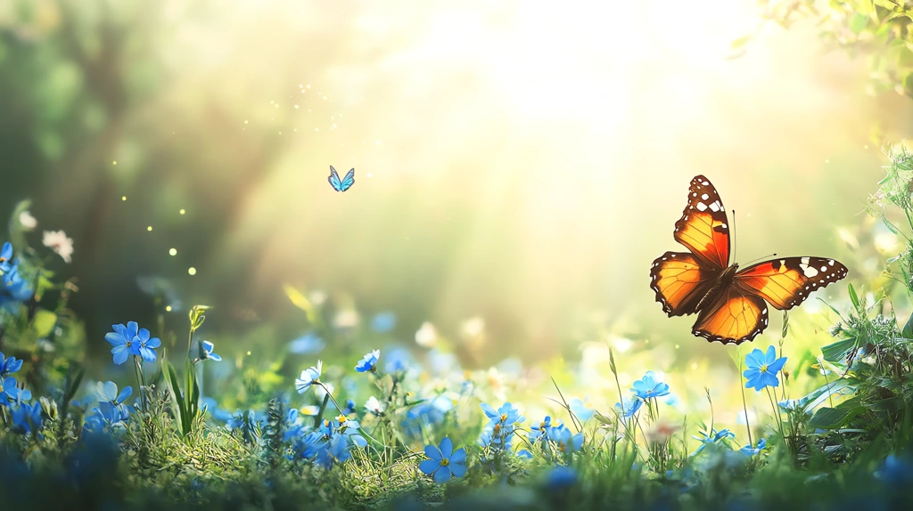 spring meadow with blue flowers and green grass a butterfly flying desktop wallpaper 4k