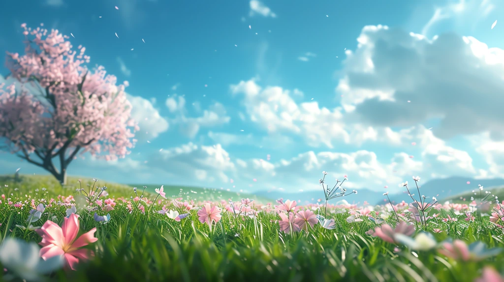 spring scenery blue sky grass a few blooming flowers bright colors desktop wallpaper 4k