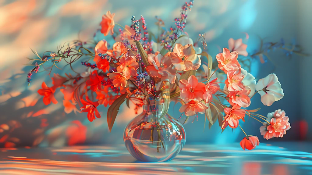 still life of flowers in an iridescent vase rendered with holographic desktop wallpaper 4k