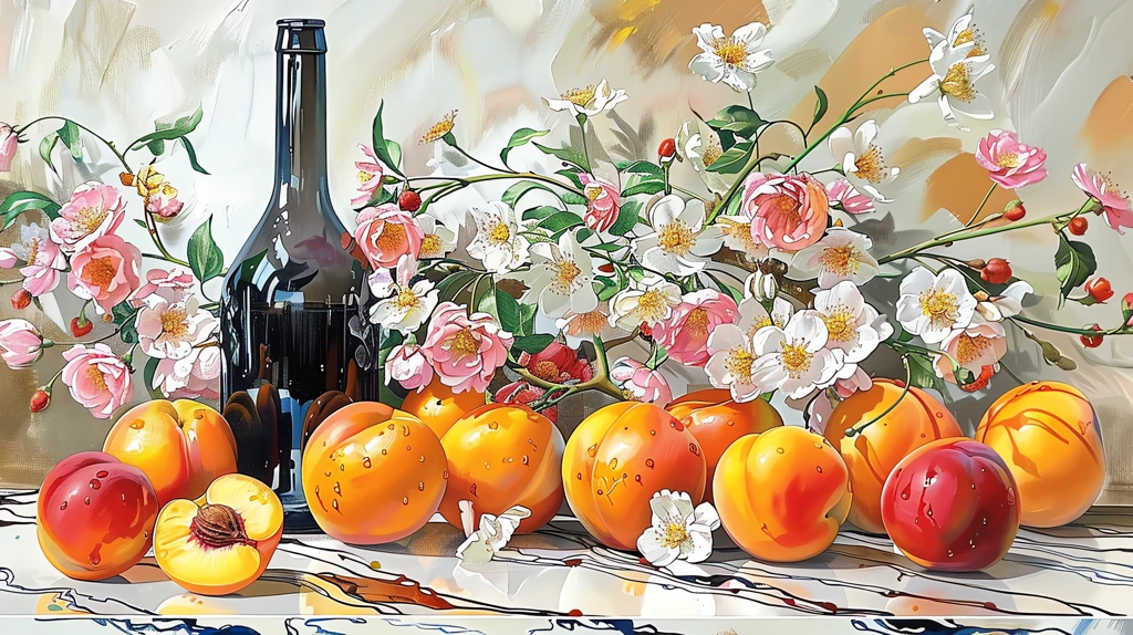 still life with peaches a black bottle desktop wallpaper 4k